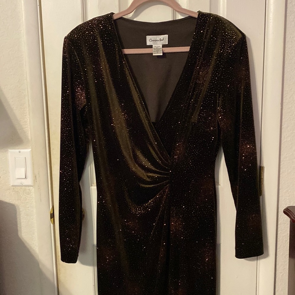 Brown floor length dress with gold sparkles